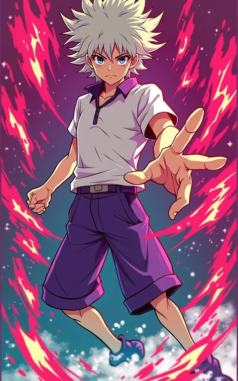 Make an art in the style of this image for the character Kilua from Hunter x Hunter in purple colors, white shirt and purple shorts.