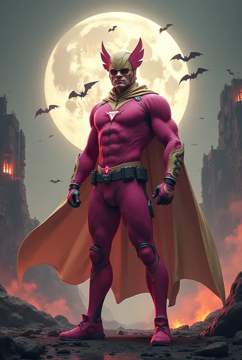 high-tech suit, vivid effects, malaysian superhero (KELUANG MAN) in a striking pink and beige costume cyberpunk design, mask small mini bat ear beige, daredevil biage mask, jumpsuit dark pink stands confidently in a dramatic, stormy landscape. ((Head cover...