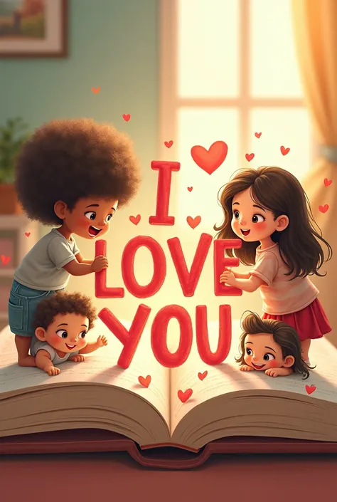 Create an open book that says I love you with images of various children