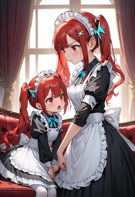 A cute maid-like girl and a cute mini character are arguing with each other in front of a sofa in a luxurious mansion.、Both of them have red hair in twin tails.、Cute red eyes、Wearing a robot-like barrette。Cute maid hair accessory、She is wearing a gorgeous ...