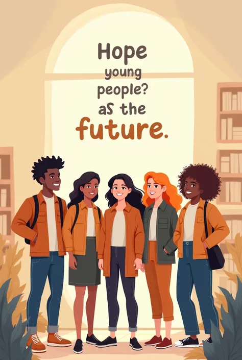 The image depicts  cartoon young people of various ethnicities with a hopeful posture., symbolizing that youth is the future. They are in an environment that suggests education and learning, perhaps as students or technical school students. The soft colors...