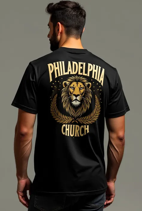 Create a black and gold shirt with the name Philadelphia Presbyterian Church on the front in white, with a lion on the back