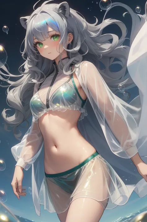 (Highest quality,masterpiece,Esoteric,Super Resolution),Bubble Tech,sf,transparent,Iridescent,See through,inflation,One person,,Gray Hair,Wavy Hair,開stomachた額,Green Eyes,瞳孔が狭stomach,Lion&#39;s Ears,white Lion&#39;s Ears,Lion&#39;s Tail,Tropical Garden,Flow...