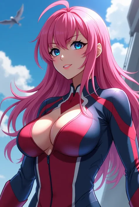 Female character from bnha anime with big bust, pink hair and blue eyes 