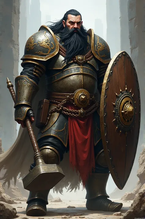 Full body image Dwarf cleric with long black hair, a big braided beard, using heavy armor, a war hammer in one hand and a divided shield in the other, and around the neck a necklace with a sacred symbol of moradim.