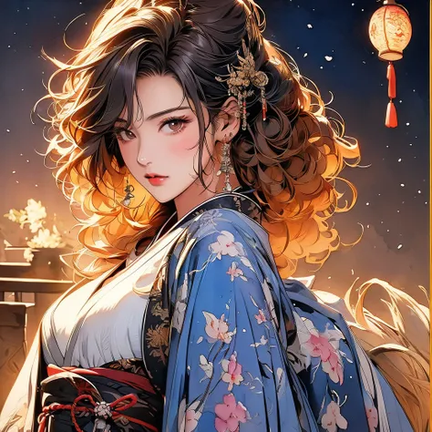 ​masterpiece: 1.7, top-quality, very extremely beautiful, Delicate use of colors、A detailed face、 art by, (watercolor paiting(Curly)、Official art、realisitic、Beautifully Aesthetic:1.3)、(1girl in:1.3)、(Fractal Art:1.3)、(Kimono)、The upper part of the body、loo...