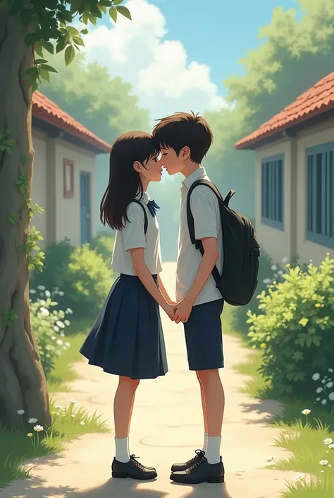 A school girl kisses a school boy.