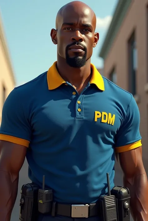 Make a tall black man adult, calvo, goatee. He is wearing a blue polo shirt with a yellow collar that says "PDM" Em seu peito. Your waist has a radio.