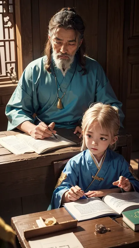 The image includes a wise man and his student.. The wise man was teaching his student knowledge., profound morality. His face was full of wisdom and kindness., hình ảnh cậu bé thông minh, full of studiousness, hình ảnh 4k Cartoon