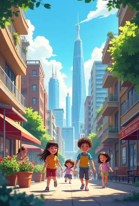 A big city with children playing