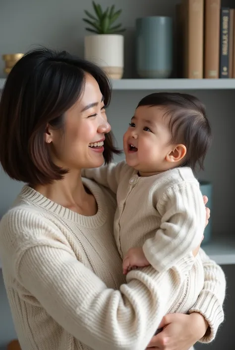 Background is bookshelf Background is gray Woman holding a child. The child is 1 and a half years old. Women are looking forward to. The woman is a Korean idol with bob hair.. The woman is laughing.