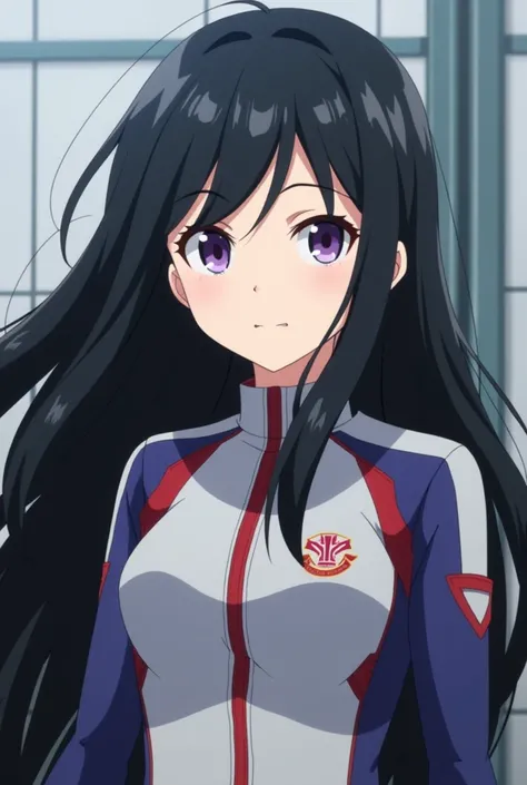 Screenshot Boku no Hero Academia  girl with black hair, lilac eyes, White skin, with training clothes 