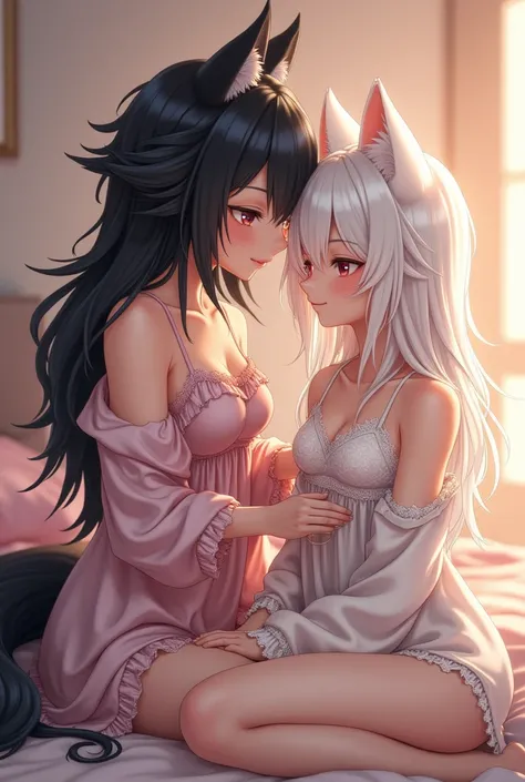 Wolf girl with black hair, ears and tail, wearing lace pajamas, combing the white hair of an extremely white cat girl, who is wearing pajama pants and a coat, sitting on a bed 