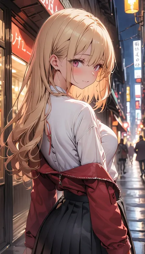 High resolution,masterpiece,Highest quality,Very detailed,Browsing Caution,One person,city, street,Put your arms behind your back, Black Skirt, Red coat, Eye focus,