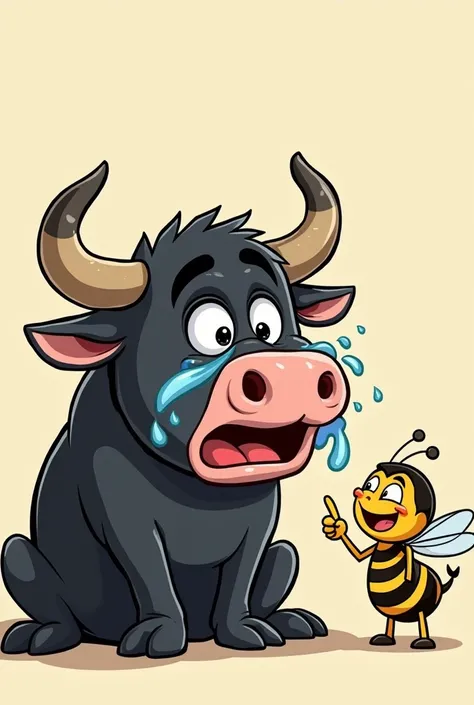 Draw a funny cartoon face of a black bull crying with eyes full of tears and a bee looking at him pointing its finger in his face and laughing highlighting the bee