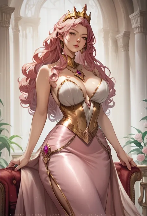 (photorealism:1.2), beautiful 1 girl, hentai anime digital art, pink curly long hair, pretty face, she is fully covered, wearing fantasy white, pink and gold princess royalty gown, very big breasts, slim waist, nice hips, background of a red royal room