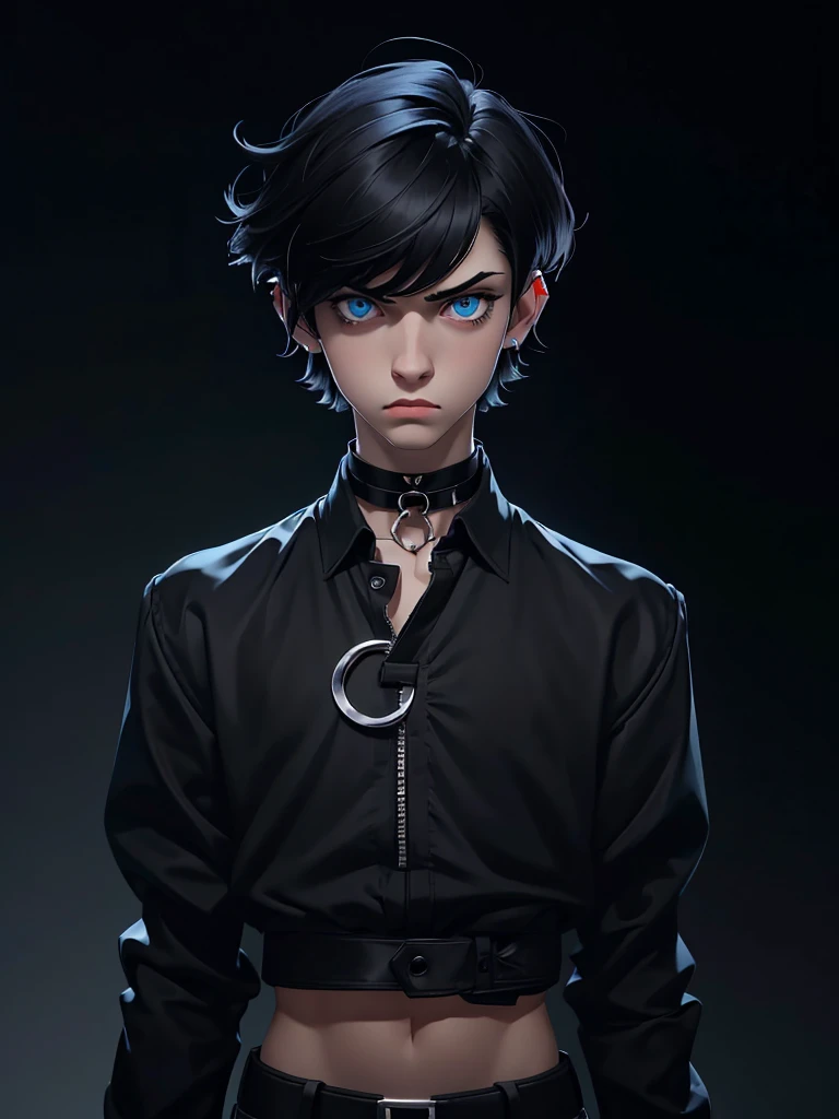 (best quality), 1boy, male, pale skin, black hair, short hair, tousled hair, messy bangs, bangs over eyes, blue eyes, perfect eyes, dark circles under eyes, lanky body, frown, goth boy, long sleeved black crop top, black earstuds, choker, masterpiece, anat...