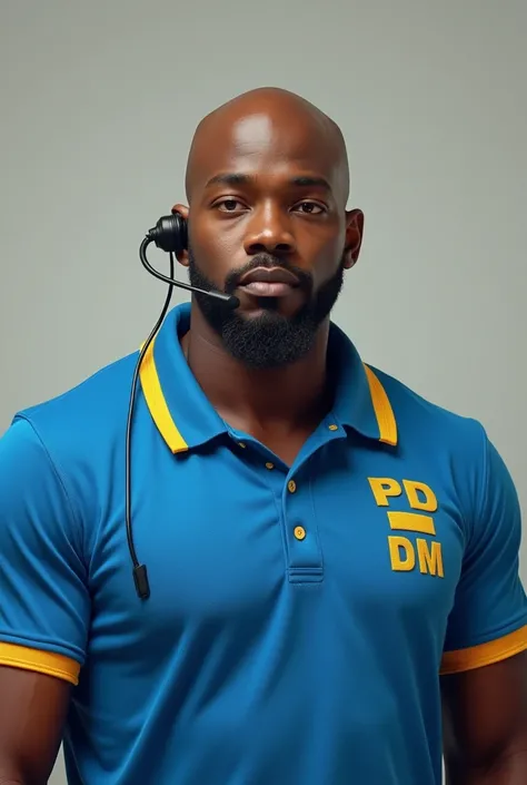 Make a tall black man adult, calvo,  with a goatee. He is robust. He is wearing a blue polo shirt with a yellow collar that says "PDM" Em seu peito. With a lapel plugged into his ear