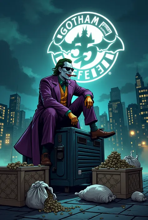 gotham city la nuit avec un projecteur sur un toit qui projette dans le ciel un logo blanc avec ou il ya écrit dessus Gotham Coffee35 et il ya le joker qui fume un cigare assis sur le projecteur sur le toit avec une paire de lunettes noir avec des caisses ...