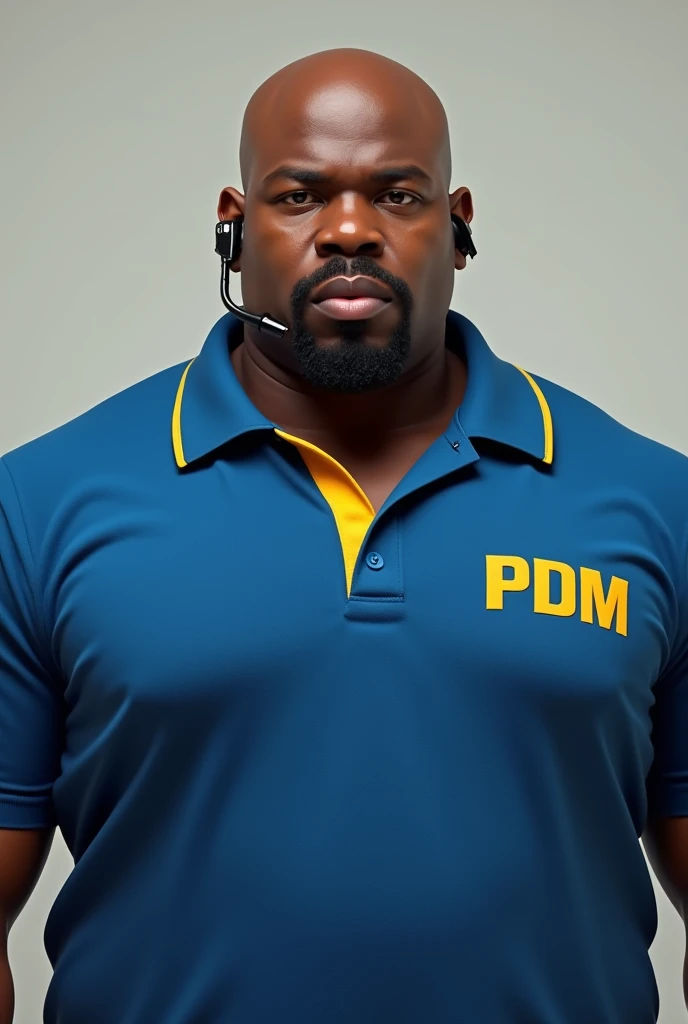 Make a tall black man adult, calvo,  with a goatee. He is robust. He is wearing a blue polo shirt with a yellow collar that says "PDM" Em seu peito. With a lapel plugged into his ear