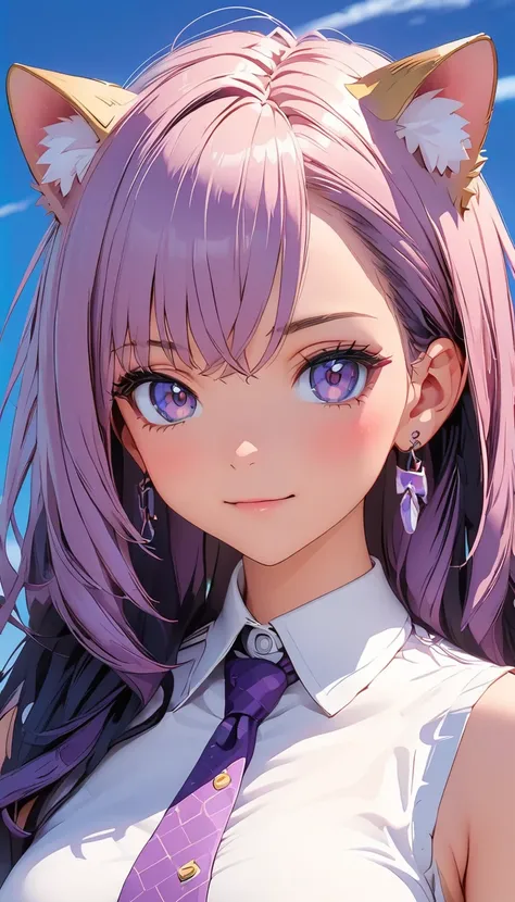 Close-up of a person with purple hair and a purple tie, Stylized anime, Anime Moe Art Style, Katana Zero video game characters, anime girl of the future, Portrait Anime Astronaut Girl, Portrait of a girl in the Knights of the Zodiac, Close up of a young an...