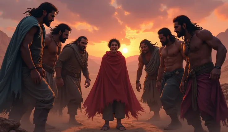 A group of brothers with expressions of anger and jealousy, looking for jose, who is dressed in a colorful cloak. The background is a barren desert at sunset, with shades of orange and purple. The composition should emphasize the tension between the brothe...