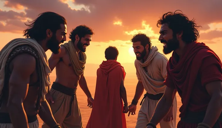 A group of brothers with expressions of anger and jealousy, looking for jose, who is dressed in a colorful cloak. The background is a barren desert at sunset, with shades of orange and purple. The composition should emphasize the tension between the brothe...