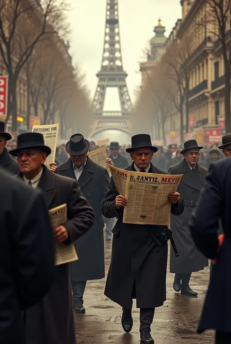 1912 Paris; Scared people walking around the city(masterpiece, best quality); newspapers with war news!