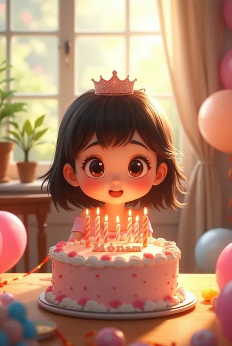 a  beautiful young girl wearing a crown celebrating her birthday cutting a cake over which Happy Birthday Monam is written 