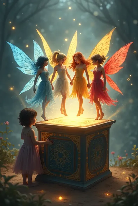 Create an image of four fairies and each one has the following name : sadness , happiness , love , Depression coming out of a magic box and a child is looking at them in amazement.