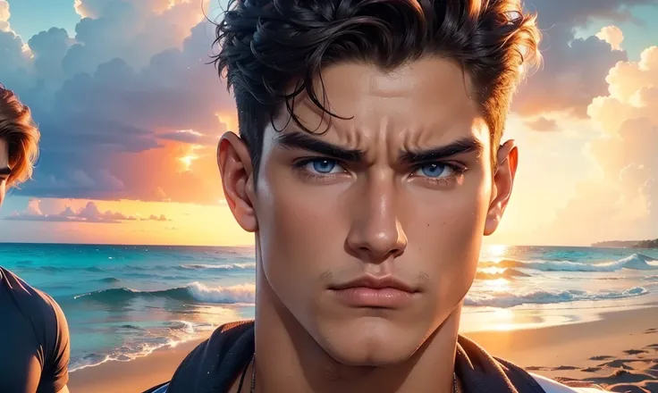 [((highly detailed, detailed eyes, detailed face, clear and realistic facial features, photorealistic, realistic light, cinematic, close up)), ((((3 men)))), (((each man looks unique))), (((each man has a different natural hair color))), (((each man has di...