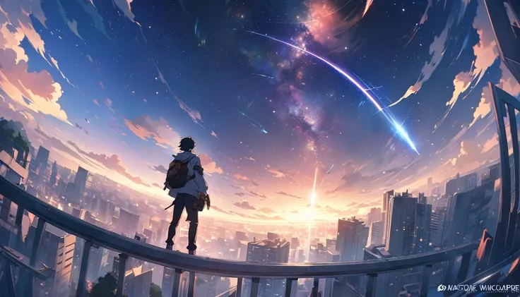 An anime of a man standing on the roof of a building and gazing at the stars., Anime Wallpaper 4k, Anime Wallpaper 4 k, 4k Anime Wallpaper, Anime Art Wallpapers 8K, anime art wallpaper 4k, anime art wallpaper 4k, Anime Style 4k, Makoto Shinkai Cyril Rollan...