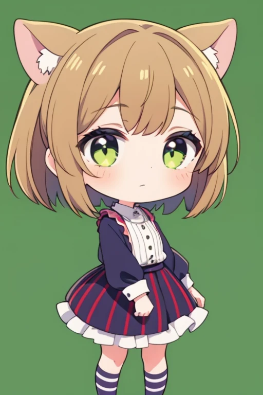 1 girl, bob hair, light brown hair, striped clothing, green background, chibi