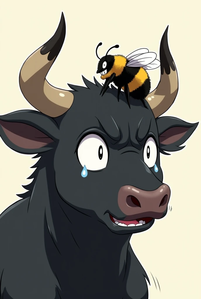 Draw anime style face of a black bull crying with eyes full of tears and a bumblebee looking at him pointing his finger in his face and laughing highlighting the bee above him