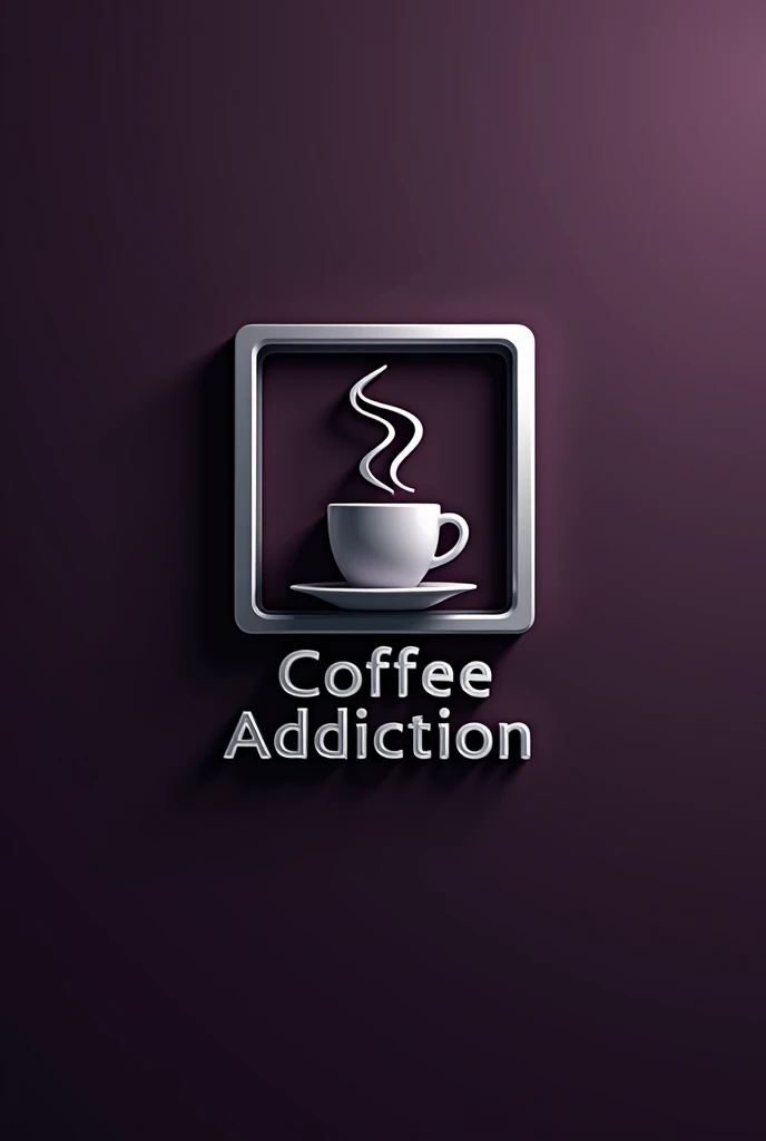 logo 3d,a coffee cup and spoon,The logo is in the form of a frame and is silver in color,Below there is a name in silver,"coffee addiction",hyperrealistic,dark purple background