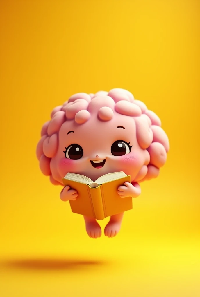 Cartoon Brain, yellow backdrop, floating, cuddly, with a book