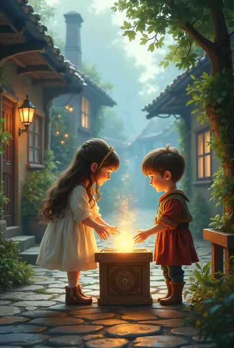 Create an image of a girl with a magic box talking to a boy in a country town