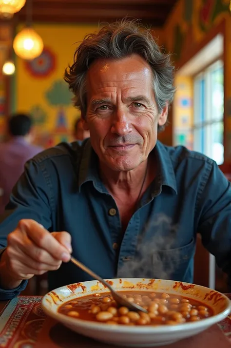 Sean Penn eating beans at a Mexican restaurant