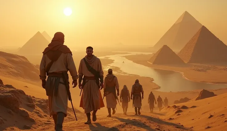 A panoramic view of ancient Egypt, with pyramids in the background and a Nile river. José is seen being led away by guards, with an expression of determination and hope. Warm, golden colors dominate the scene.