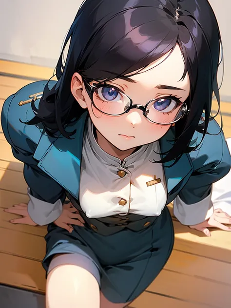 Beautiful girl with black hair and glasses、uniform、Looking up at the heights、Back view、Baby Face、Small breasts、High resolution, masterpiece, Anime Style, 