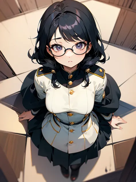 Beautiful girl with black hair and glasses、uniform、Looking up at the heights、Back view、Baby Face、Small breasts、High resolution, masterpiece, Anime Style, 