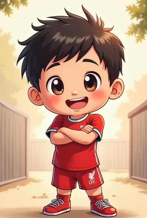 A manga cartoon character, a cute kid with a big smile, wearing a Liverpool team shirt, standing with his arms crossed, feeling chills.