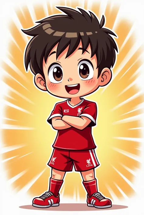 A manga cartoon character, a cute kid with a big smile, wearing a Liverpool team shirt, standing with his arms crossed, feeling chills.