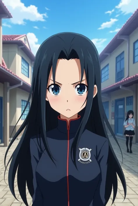 Screenshot from my hero academia of a girl with long black hair and navy blue eyes and a serious personality and the UA courtyard in the background
