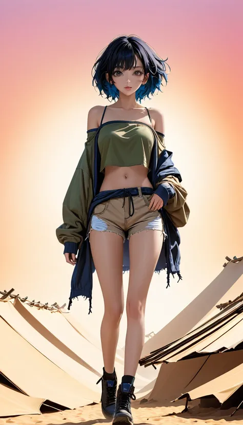 DIY16，best quality, 超HD, masterpieces, 8K, Practical, Anime style, 3D Rendering，masterpiece,need,lifelike，Bare lower abdomen，Sexy，bandage，Layering，Hollow，Full body image，Feral，Khaki washed distressed shorts，Black hair，Open shoulders，Layering，Long legs，，Was...