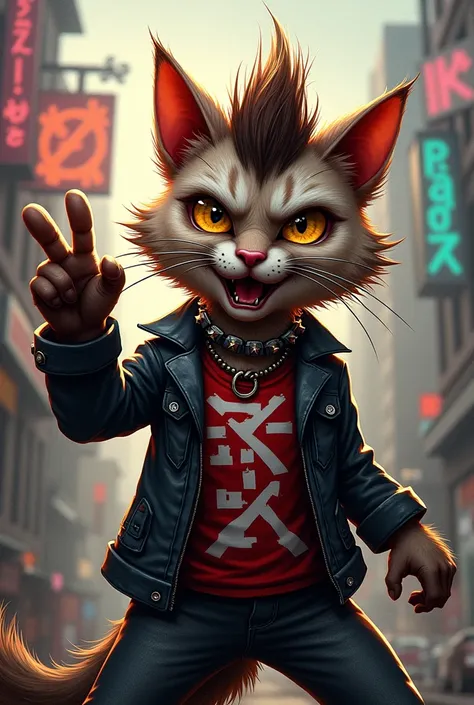 Create a cat with an aggressive attitude, rock n roll and waving goodbye with one hand