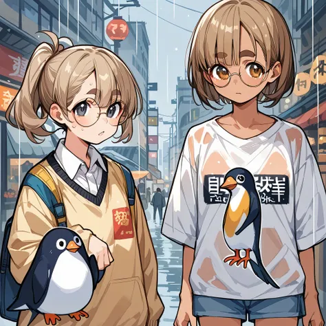 pixel style，Beautiful girl game style，Meeting in the rain。Penguin Xuan，20 years old，Light brown curly double ponytail，big round glasses，wearing a sweater，The whole body was soaked by the rain。

小紅比Penguin Xuan矮，Wearing a 3XL solid color T-shirt，Slightly tr...