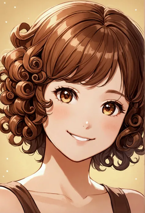 Woman, short-hair, curlies, brown, good body, rounded face, smile cute, detaileds, well done, harmonious