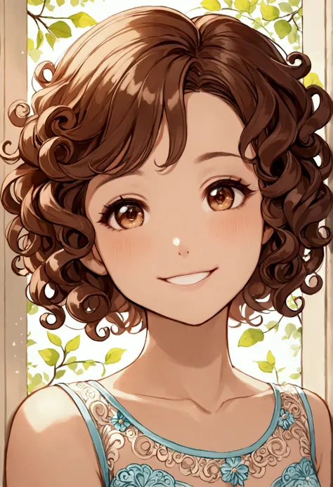 Woman, short-hair, curlies, brown, good body, rounded face, smile cute, detaileds, well done, harmonious