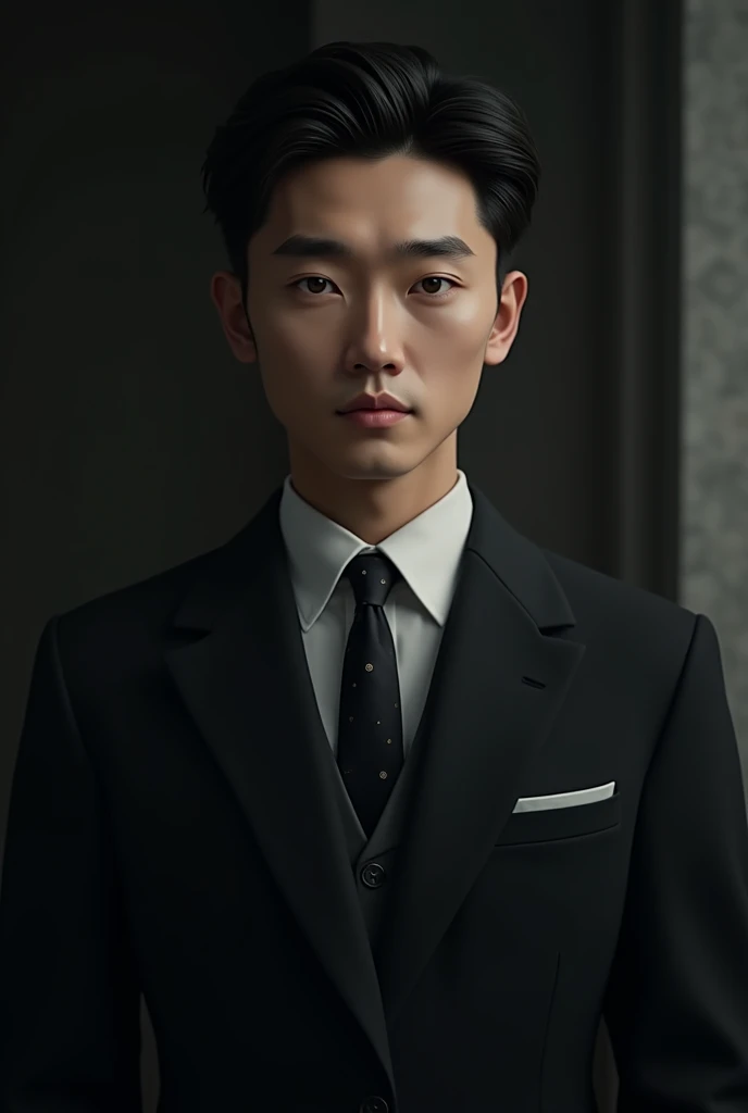 A realistic dark image of a handsome young Korean male CEO 